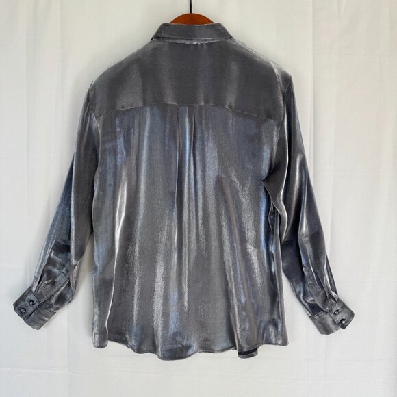 90s Vintage Karen Scott Liquid Dark Silver Long Sleeve Button Up Evening Blouse - Picture 8 of 14